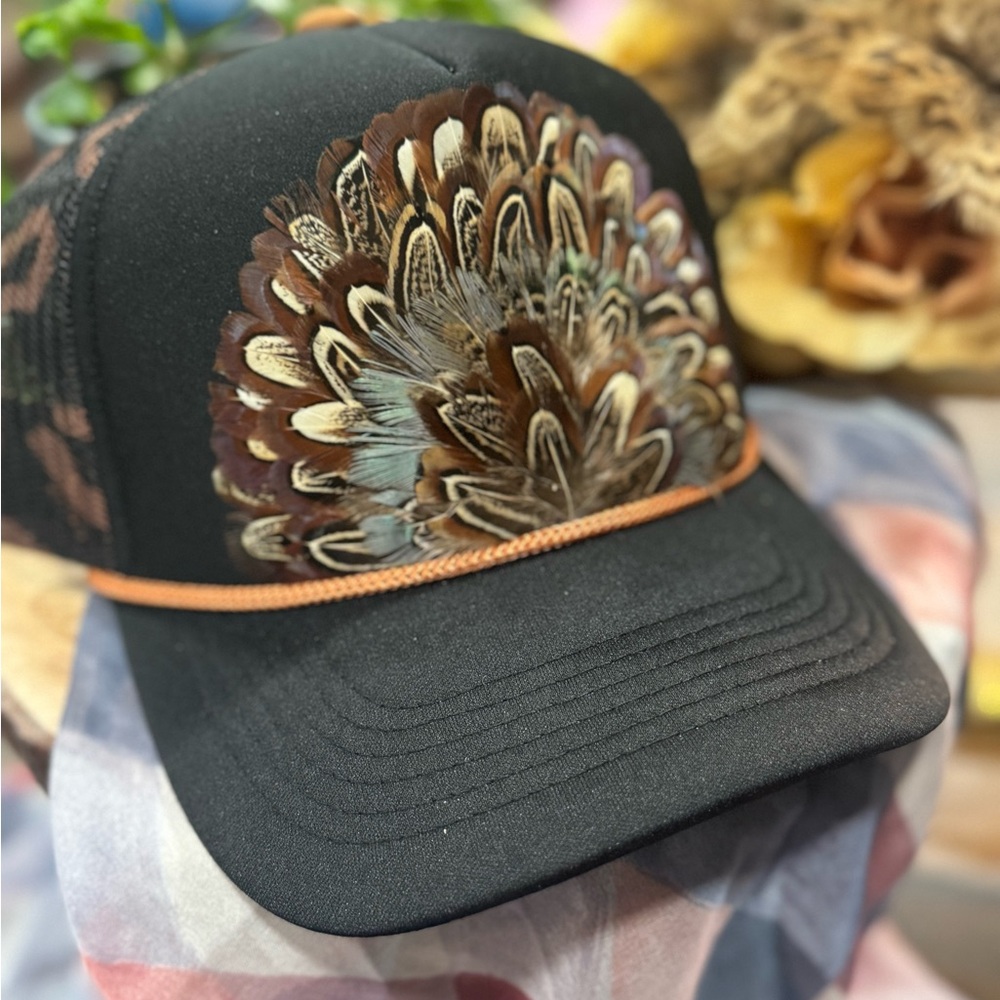 Black Trucker Hat with Feather Design
